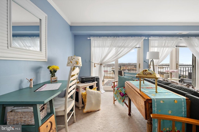 playroom with ornamental molding and carpet flooring