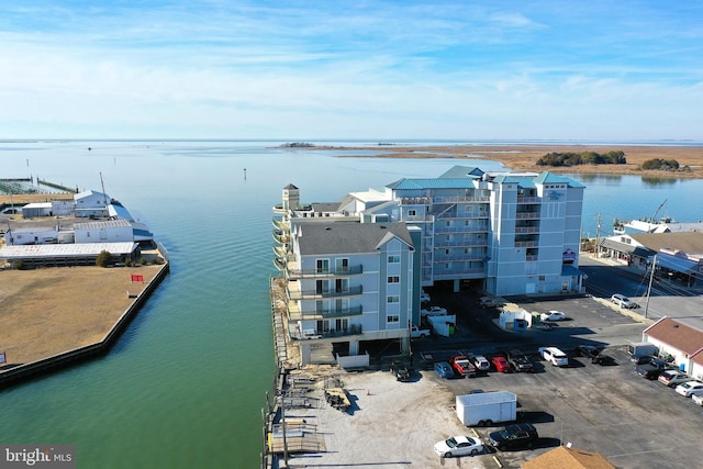 drone / aerial view with a water view