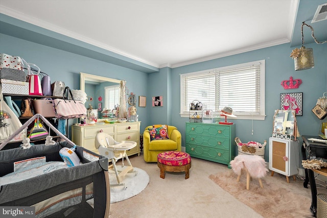 carpeted bedroom featuring crown molding