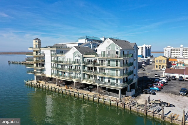 view of building exterior with a water view