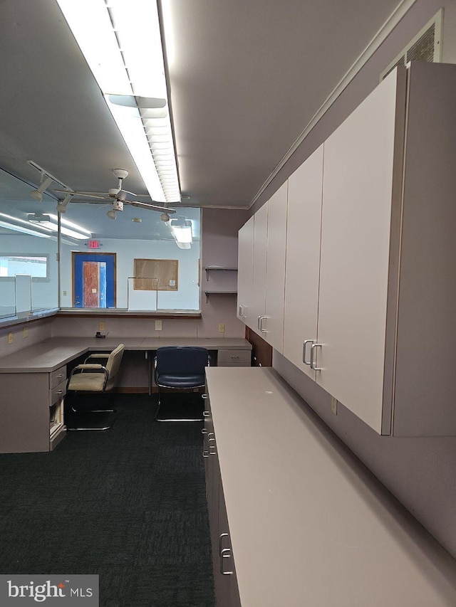 basement with ceiling fan and dark colored carpet