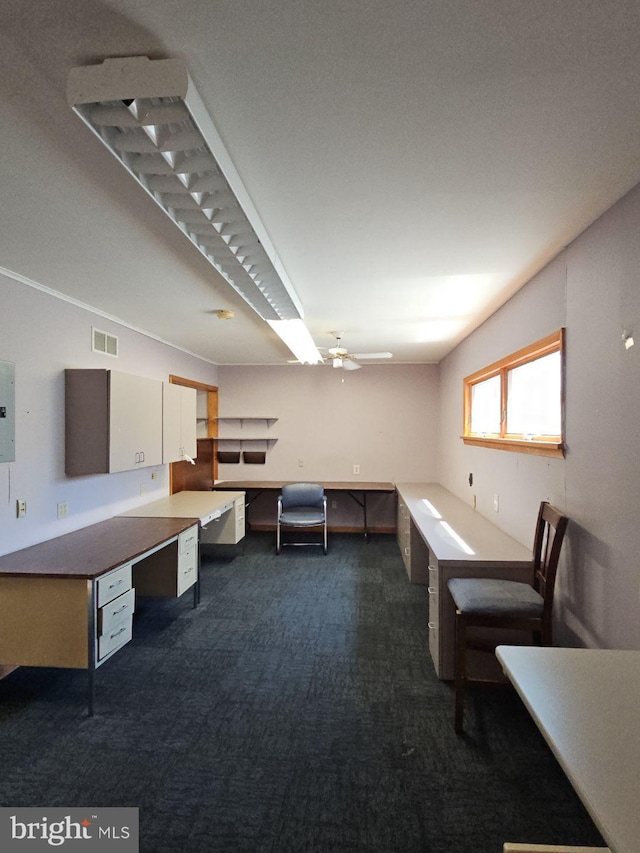 interior space featuring ceiling fan, built in desk, electric panel, and dark carpet