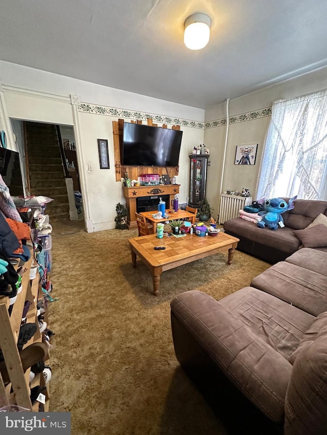 living room featuring carpet floors