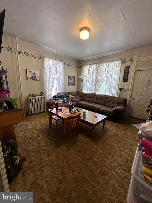 living room featuring radiator heating unit and carpet flooring