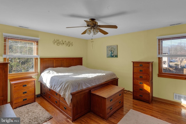 bedroom featuring ceiling fan and light hardwood / wood-style flooring