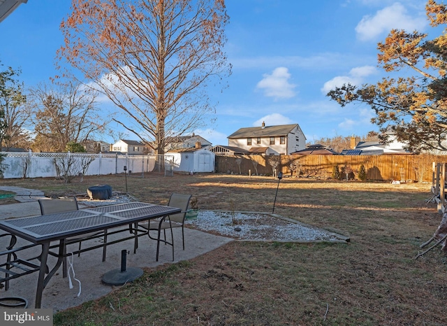 view of yard featuring a patio area and a shed