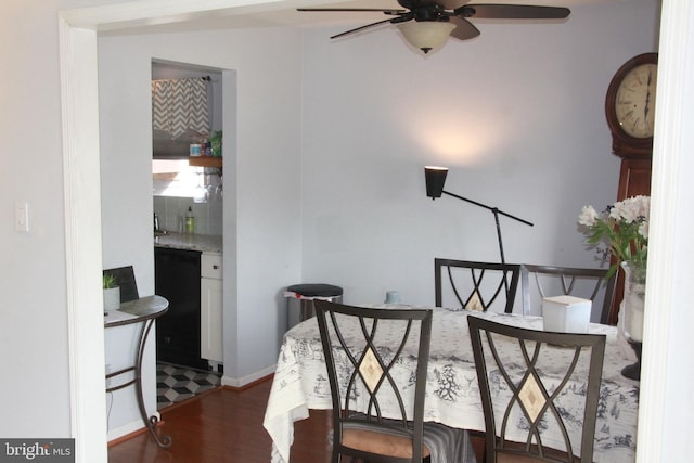 dining space with dark wood-type flooring and ceiling fan