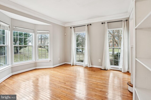 interior space featuring ornamental molding, light wood-type flooring, and baseboards