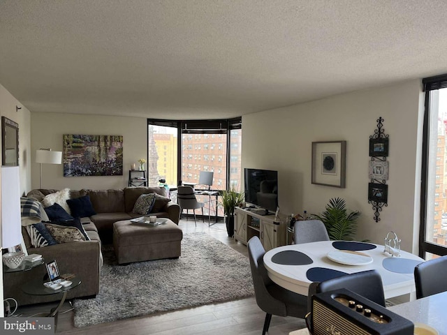 living room featuring floor to ceiling windows, hardwood / wood-style floors, and a textured ceiling