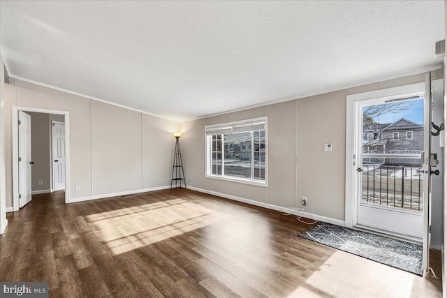 interior space featuring crown molding, a textured ceiling, a decorative wall, and wood finished floors