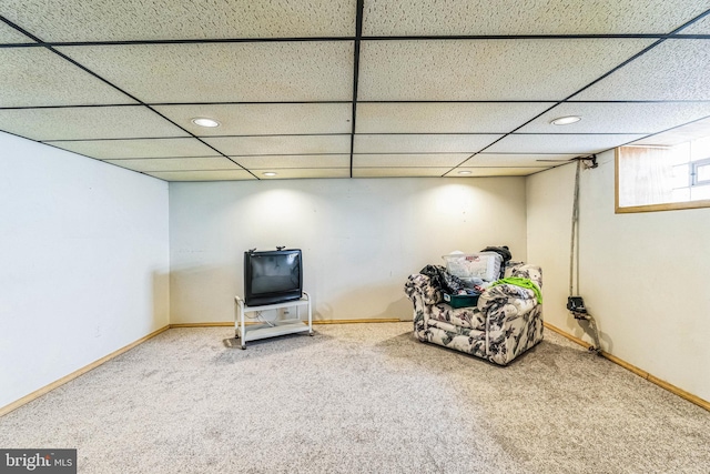 basement featuring carpet floors and a drop ceiling