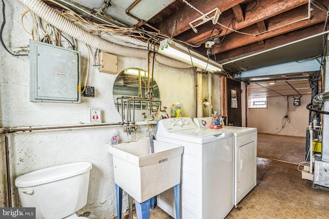 washroom with washer and dryer, sink, and electric panel