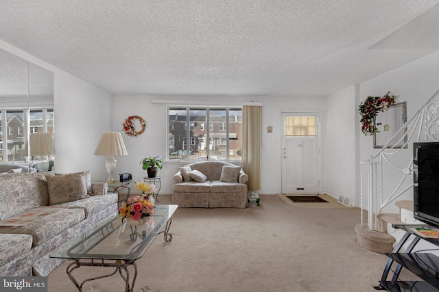 carpeted living room with a textured ceiling and a healthy amount of sunlight