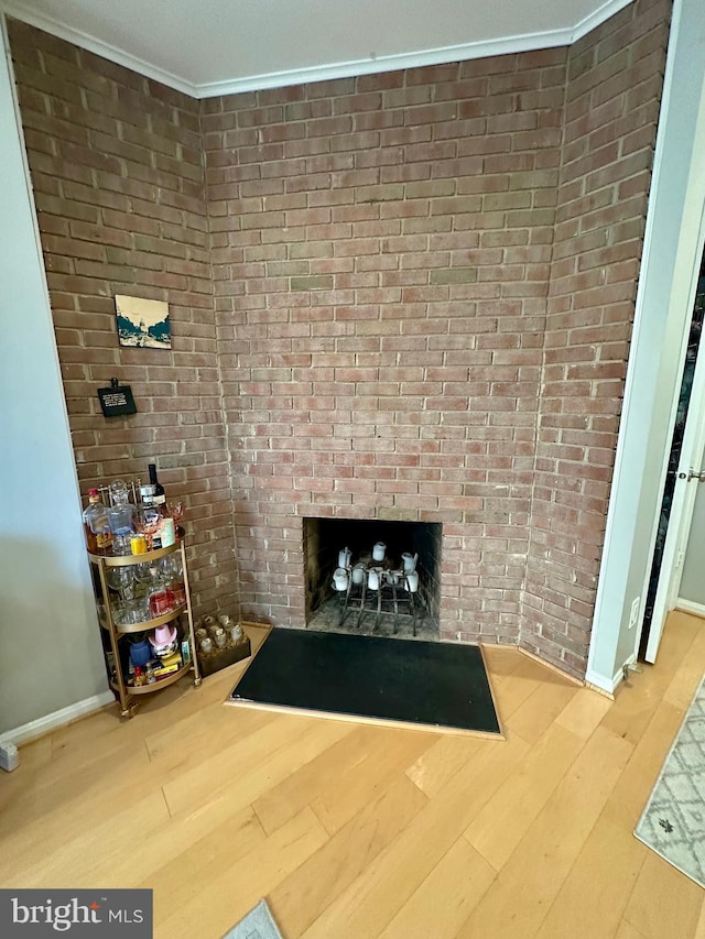 details featuring wood finished floors, a fireplace, baseboards, and ornamental molding