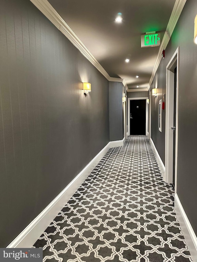 hallway with recessed lighting, carpet, baseboards, and ornamental molding