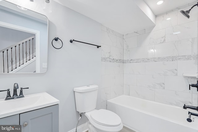 full bath featuring recessed lighting, vanity, toilet, and bathing tub / shower combination