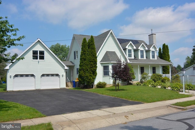 cape cod home with a garage, a front lawn, and a porch