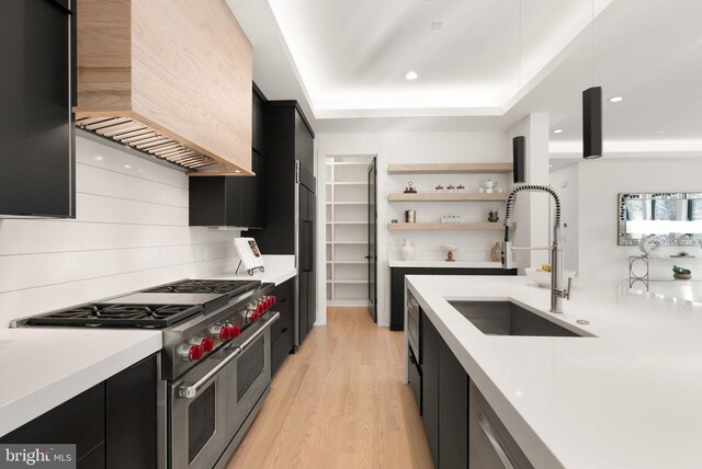 kitchen featuring sink, light hardwood / wood-style floors, decorative backsplash, a raised ceiling, and range with two ovens