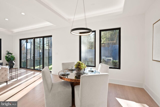 dining area with light hardwood / wood-style flooring and a raised ceiling