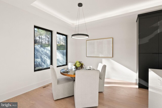 dining room with a raised ceiling and light hardwood / wood-style floors