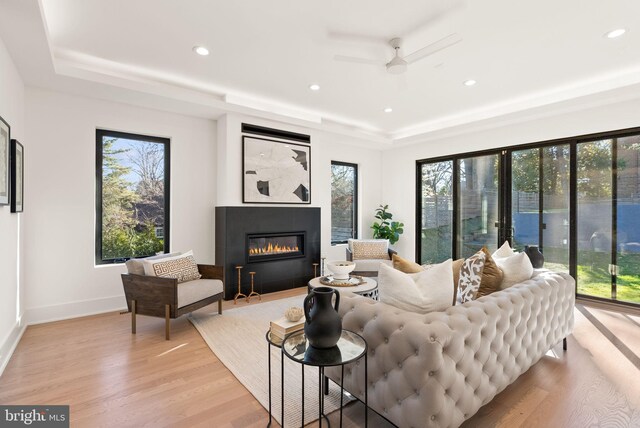 living room with ceiling fan, a raised ceiling, and light hardwood / wood-style floors