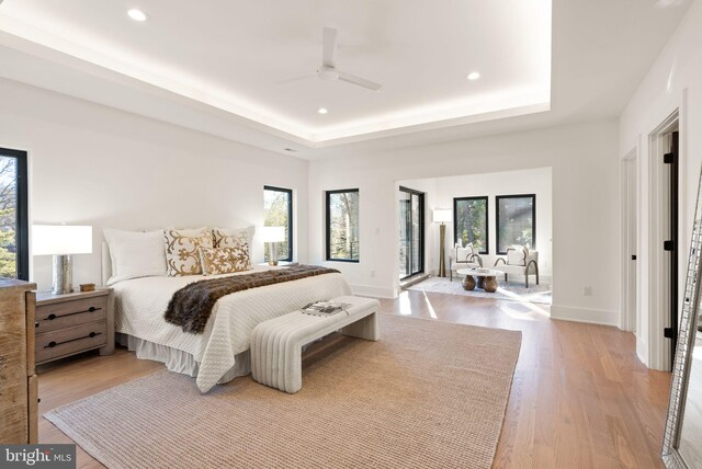 bedroom with access to exterior, a tray ceiling, light hardwood / wood-style floors, and multiple windows