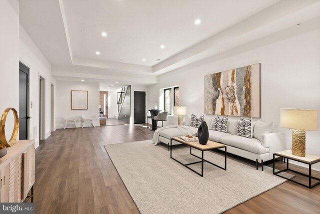 living room with hardwood / wood-style flooring and a raised ceiling