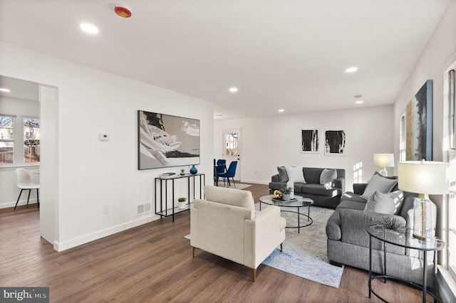 living room with dark wood-type flooring