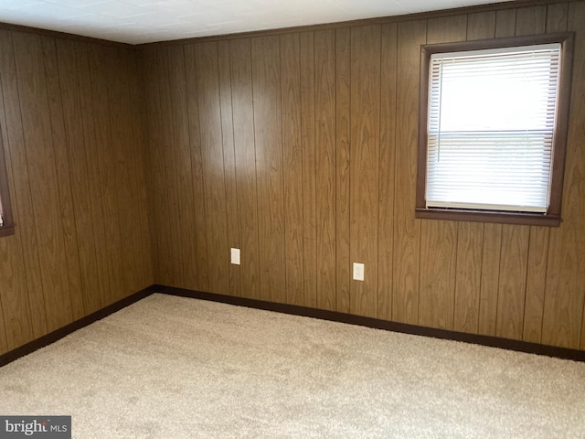 unfurnished room featuring light colored carpet and wooden walls