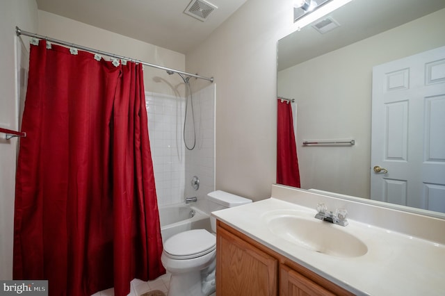 full bathroom featuring shower / bath combination with curtain, vanity, and toilet