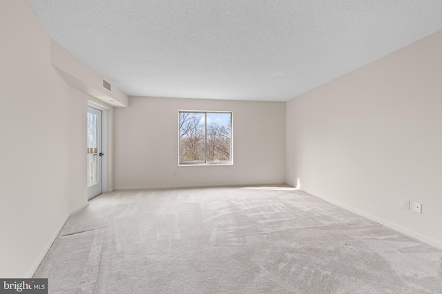 unfurnished room with light carpet and a textured ceiling