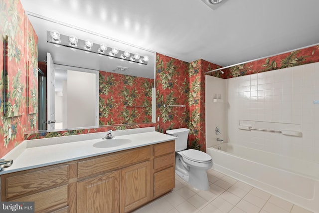 full bathroom featuring shower / bathtub combination, vanity, toilet, and tile patterned flooring