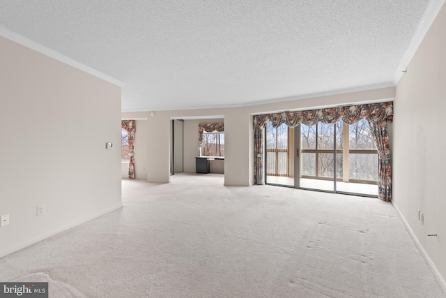 unfurnished living room with crown molding, light carpet, and a textured ceiling