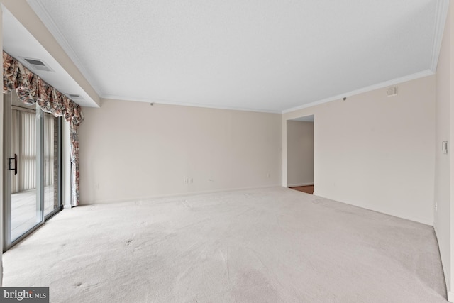 carpeted spare room featuring crown molding and a textured ceiling