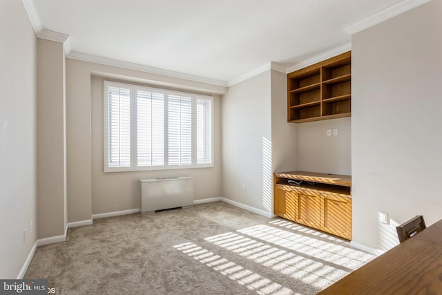 interior space with crown molding and light colored carpet