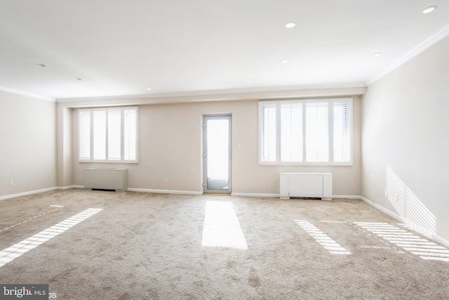 carpeted spare room with crown molding and plenty of natural light