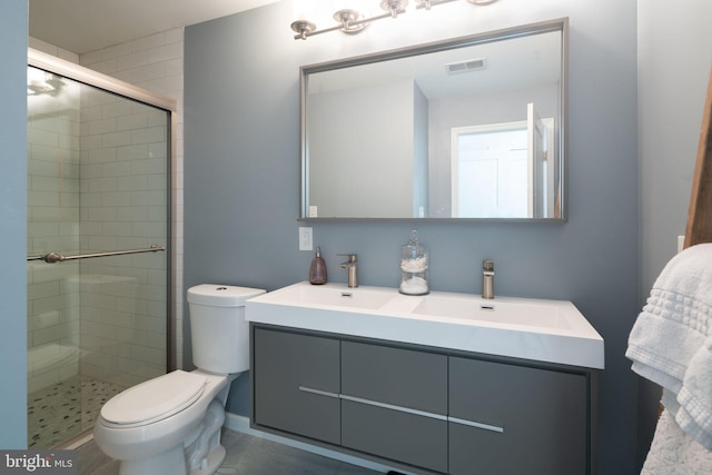 full bathroom with a stall shower, toilet, visible vents, and a sink