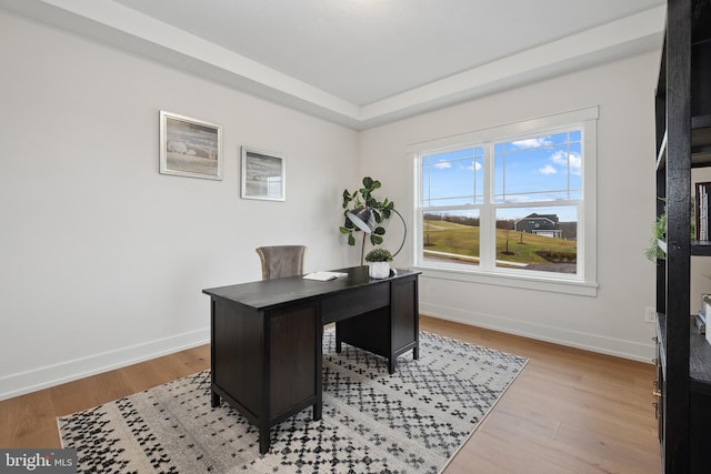 office with a tray ceiling and light hardwood / wood-style flooring