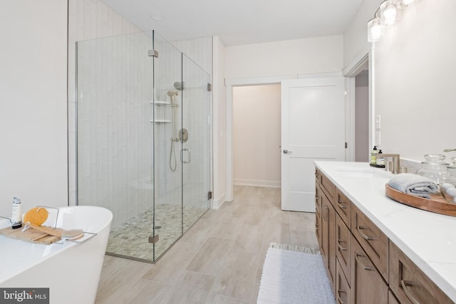 bathroom featuring vanity, separate shower and tub, and wood-type flooring