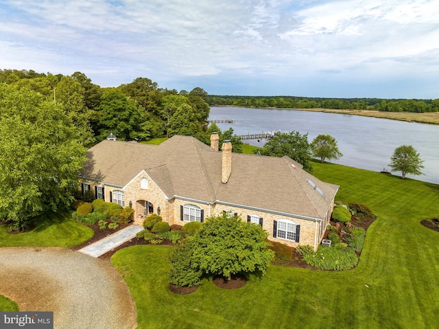 drone / aerial view featuring a water view