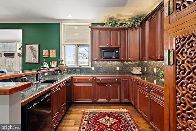 kitchen featuring sink, backsplash, ornamental molding, light hardwood / wood-style floors, and black appliances