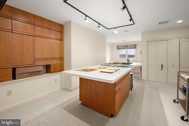 kitchen with a kitchen island and light colored carpet