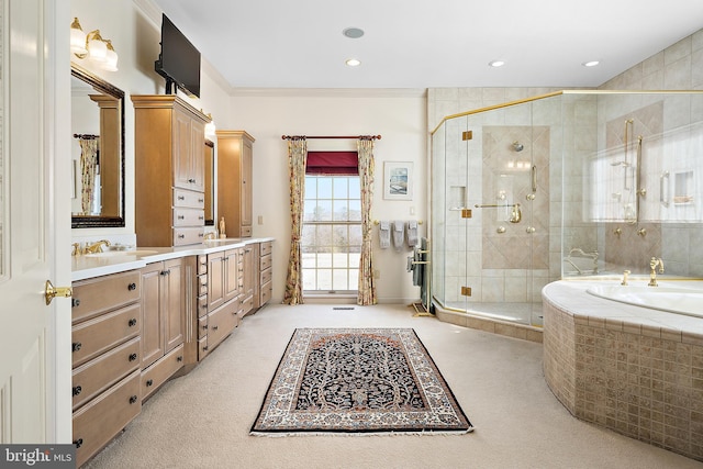 bathroom featuring vanity, crown molding, and plus walk in shower