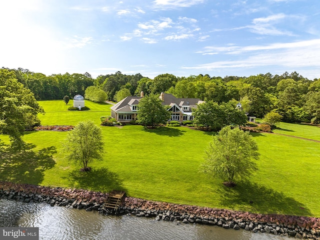 aerial view featuring a water view