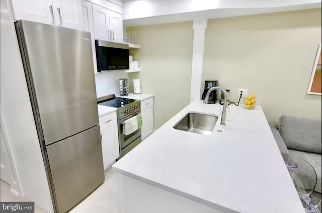 kitchen with sink, kitchen peninsula, white cabinets, and appliances with stainless steel finishes