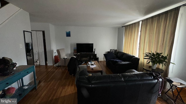 living room featuring dark wood-type flooring