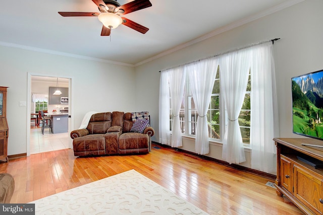 living room featuring crown molding, ceiling fan, and light wood-type flooring