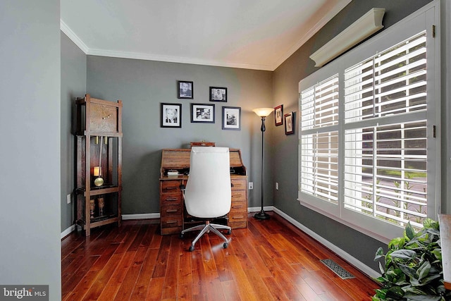 office area featuring dark wood-type flooring and ornamental molding