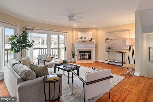 living area with light wood-type flooring, a fireplace with flush hearth, and crown molding