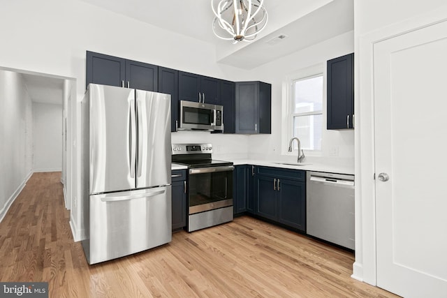 kitchen with stainless steel appliances, sink, an inviting chandelier, and light wood-type flooring